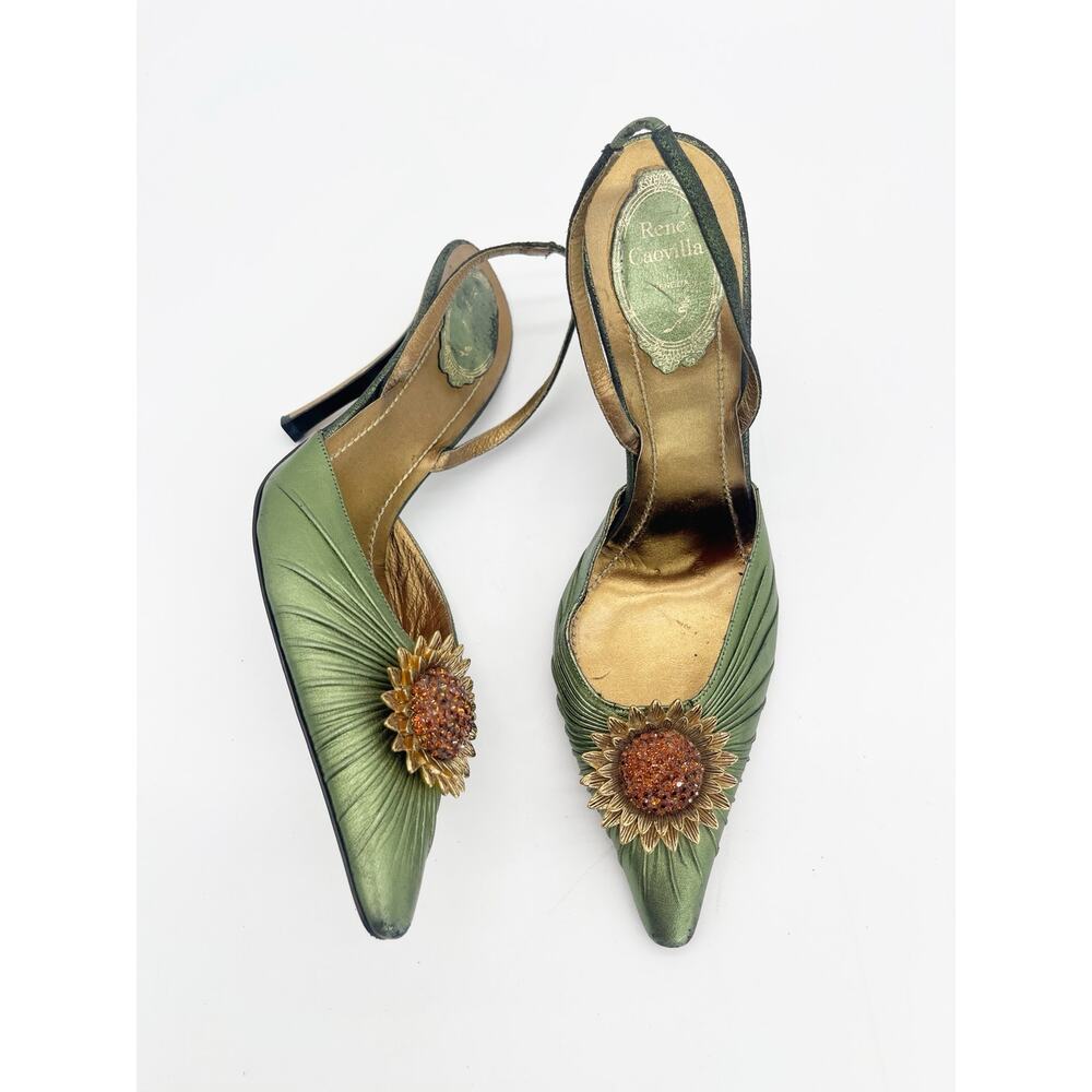 Rene Caovilla Vintage Green Metallic Crystal Sunflower Slingback Heels IT 38